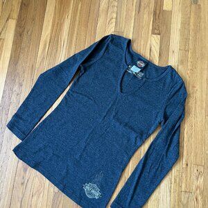 Harley Davidson Top Womens Chain M Gray Shirt Long Sleeve V Neck New Jersey Slim